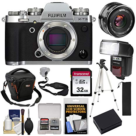 Fujifilm X-T3 4K Wi-Fi Digital Camera Body (Silver) with 35mm f/1.7 Lens   32GB Card   Battery   Case   Flash   Tripod  Kit