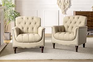 HULALA HOME Genuine Leather Armchair Set of 2, Contemporary Leather Accent Chair with Button Tufted & Nailhead Trims, Top Layer Leather Armchair with Curved Armrests, Beige