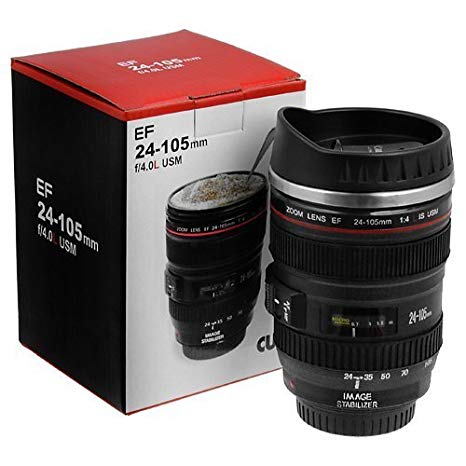 NR MART Camera Lens Shaped Coffee Mug with Lid, 350 ml, Black (Mug_001)