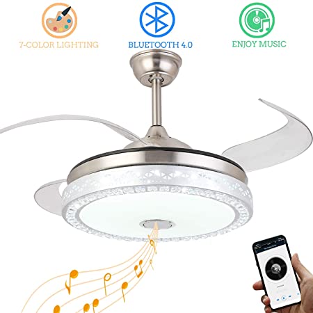 Modern Ceiling Fan Retractable Blades with Light and Bluetooth Speaker,Silent Motor LED Bluetooth Fan Chandelier 7 Color Lighting for Dining Room/Bedroom
