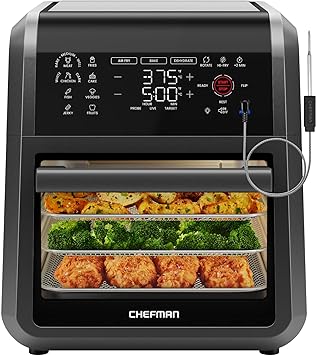 CHEFMAN ExacTemp™ 12 Quart 5-in-1 Air Fryer with Integrated Smart Cooking Thermometer, 28 Touchscreen Presets, Rotisserie, Dehydrator, Bake, XL Convection Oven with Auto Shutoff, Black