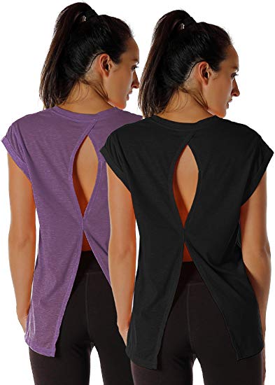 icyzone Open Back Workout Top Shirts - Yoga t-Shirts Activewear Exercise Tops for Women(Pack of 2)