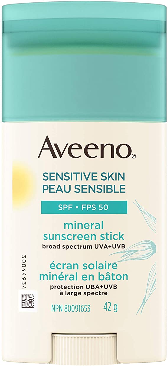 Aveeno Sensitive Skin Spf 50 Mineral sunscreen stick with 100% Zinc Oxide Active Ingredient, Sweat & Water Resistant Face and body sun Protection, Fragrance-Free, Travel Size, 42 Grams