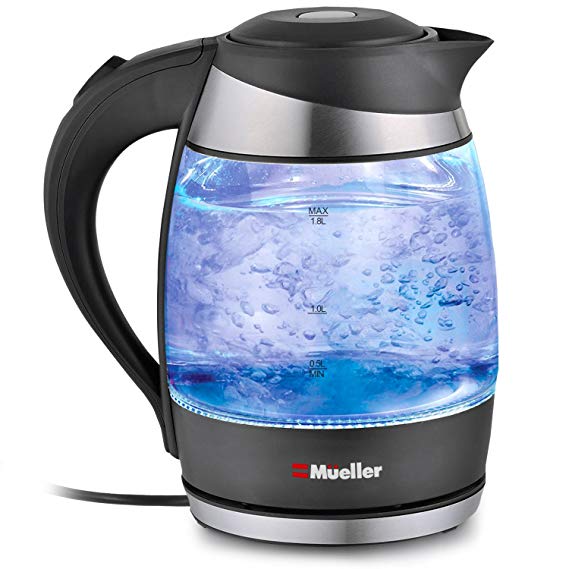 Mueller Austria Electric Kettle Water Heater with SpeedBoil Tech, Glass Tea, Coffee Pot 1.8 Liter Cordless with LED Light, Borosilicate BPA-Free with Auto Shut-Off, and Boil-Dry Protection