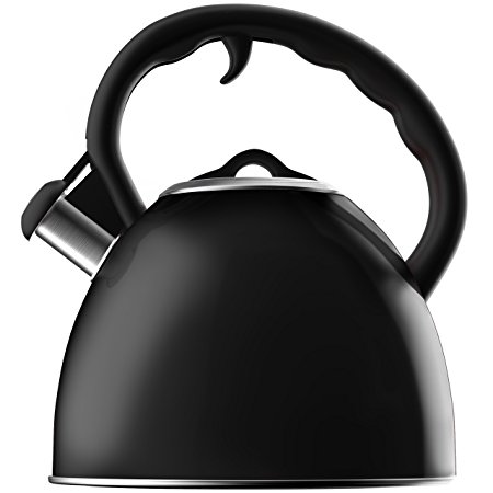 Vremi Whistling Tea Kettle for Stovetop - 2 Quart Tea Pot Stainless Steel Kettle Electric or Gas Stove Top - Cool Cute Modern Teapot Fast Boil Hot Water Whistle - Small Retro Metal Tea Kettle - Black