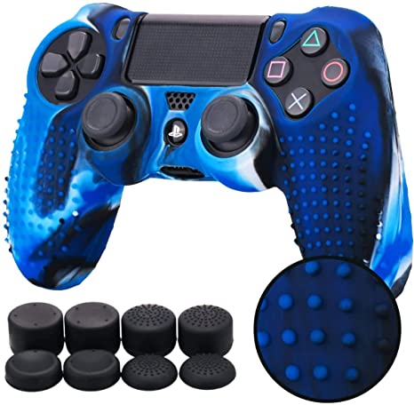 YoRHa Studded Silicone Cover Skin Case for Sony PS4/slim/Pro Dualshock 4 Controller x 1(Camouflage Blue) with Pro Thumb Grips x 8