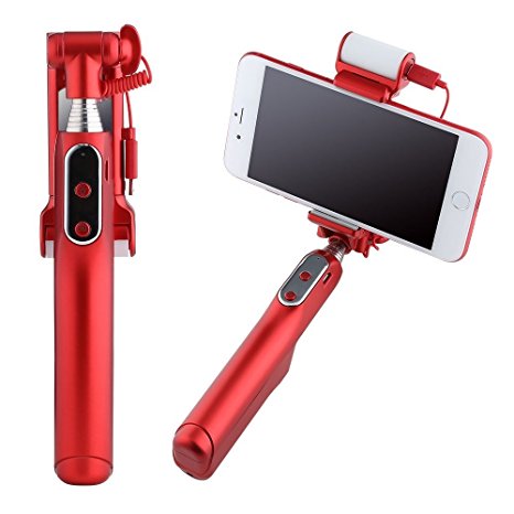 Sazooy Bluetooth Mini Selfie Stick - Handheld Extendable Monopod with Rear Mirror and LED Flash Fill Light for iPhone Samsung Galaxy Note LG HTC Android IOS Cellphones (Red)