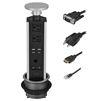 Pulling Pop Up Power Socket Power Strips Outlet Surge Protector 2 US Plugs  2 USB Ports RJ45 Ports DHMI  VGA Tabletop Safe Hidden Outlets with 110-220V/50HZ Input for Office Meeting Room Desk Home