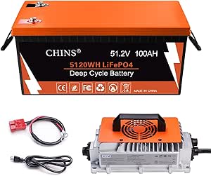 CHINS 48V Lithium Golf Cart Battery, 48 Volt 100Ah LiFePO4 Battery, Built in Bluetooth Peak Current 500A, includes 48V 18A Lithium Battery Charger, Perfect for Golf Carts, Trolling Motors, Marine