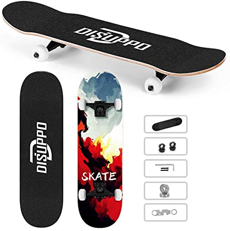 DISUPPO Skateboards,31" x 8"Complete Standard Skate Board for Beginners,7 Layer Canadian Maple Double Kick Skateboard for Adults, Boys, Girls, Kids, Teens