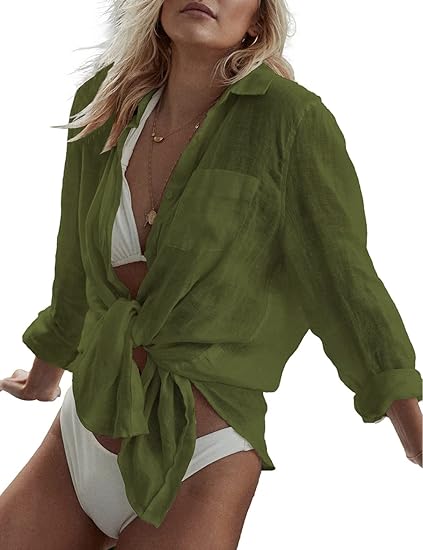 Bsubseach Women Long Sleeve Beach Shirt Blouses Bathing Suit Cover Up Button Down Collar