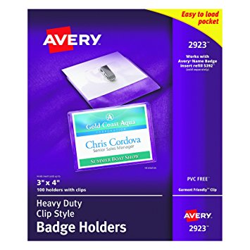 Avery Clear Heavy-Duty Clip Style Landscape Badge Holders, 3" x 4", Box of 100 (2923)