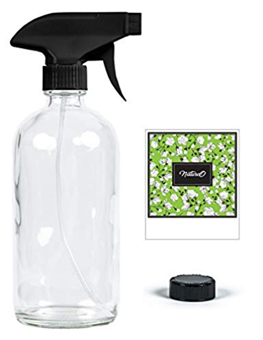 NatureO Glass Spray Bottle - 16 Oz CLEAR Empty Spray Bottle for Essential Oils Mixtures With Trigger Sprayer and Cap - Sprays Stream or Mist - Gift Packaging - Beautiful Design Label