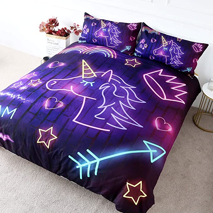 BlessLiving Purple Unicorn Bedding Boys Neon Unicorn Bed Set Gold Stars and Pink Heart Crown Print Magical Bedspread 3 Piece Cute Girls Duvet Cover Sets (Twin)