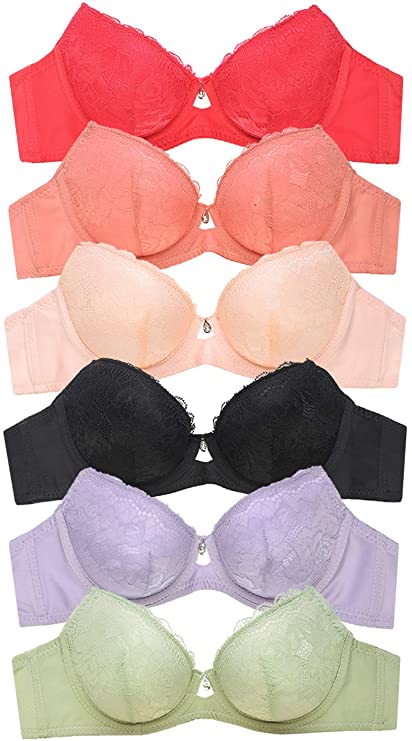 Sofra Women's Cotton Lace Push Up Demi Bra (6 Pack)