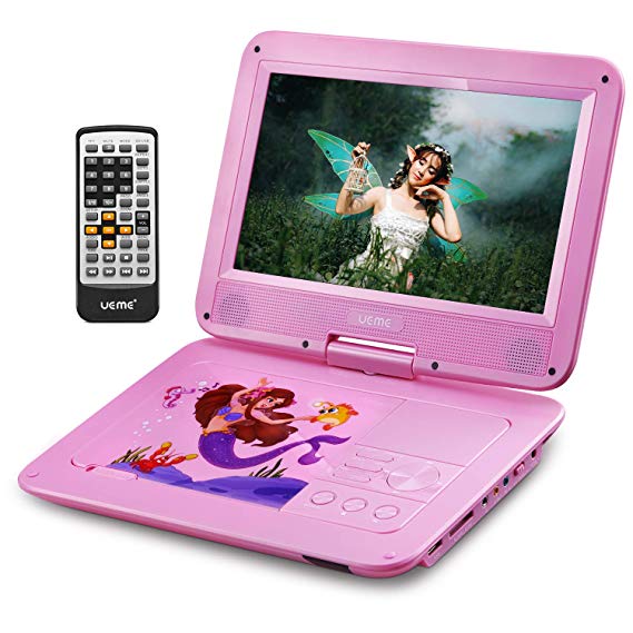 UEME Portable DVD CD Player with 10.1 Inches Screen, Car Headrest Holder, Remote Control, Rechargeable Battery, Car Charger, Wall Charger, Personal DVD Players PD-1010 (Pink)