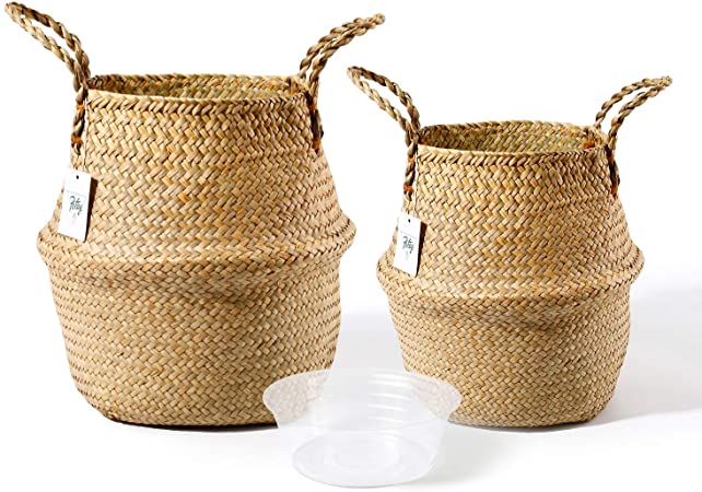 POTEY Seagrass Plant Basket Set of 2 - Hand Woven Belly Basket with Handles, Middle Storage Laundry, Picnic, Plant Pot Cover, Home Decor and Woven Straw Beach Bag (Middle Large, Original)