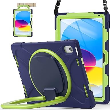 BATYUE iPad 10th Generation Case, Shockproof Protection Cover for 2022 10.9-inch iPad (10th Generation) with Screen Protector/Pencil Holder/ 360° Swivel Stand/Shoulder Strap, for Kids -NavyLime