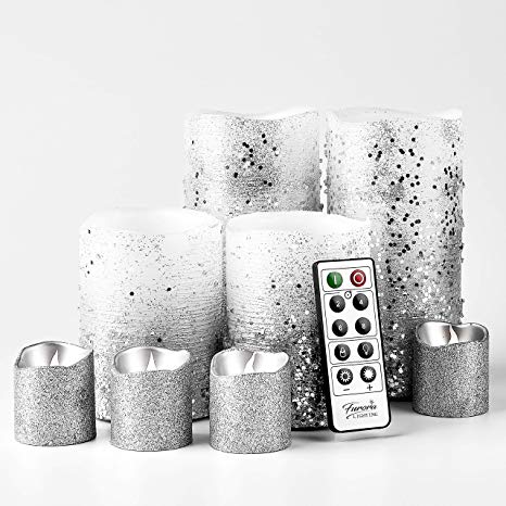 Furora LIGHTING LED Flameless Candles with Remote Control, Set of 8, Real Wax Battery Operated Pillars and Votives LED Candles with Flickering Flame and Timer Featured - Silver Glittery
