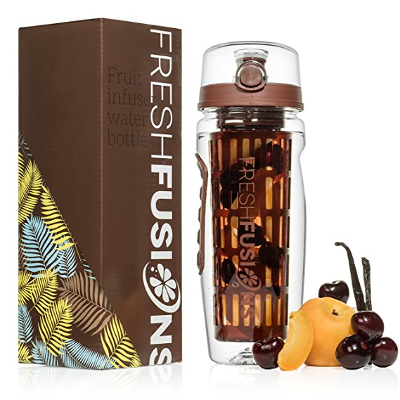 Fresh Fusions Fruit Infuser Water Bottle 32 oz - With Insulated Sleeve   Healthy Recipe Ebook - Includes 25 Infused Water Recipes