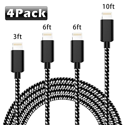 TNSO iPhone Charger,[4 Pack 3/6/6/10] Extra Long Nylon Braided 8 Pin Lightning Cable USB Charger Cord Compatible with iPhone 7/7 Plus/6S/6S Plus,5/5S/SE,iPad,iPod (Black)