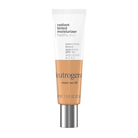 Neutrogena Healthy Skin Radiant Tinted Facial Moisturizer with Broad Spectrum SPF 30 Sunscreen Vitamins A, C, E, Lightweight, Sheer, Oil-Free Coverage, Sheer Tan 30, 1.1 fl. oz