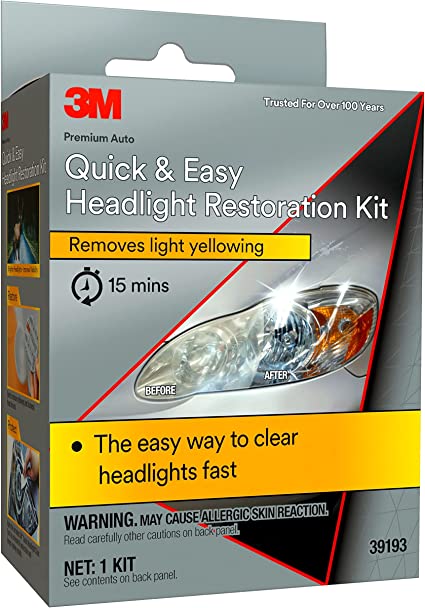 3M Quick and Easy Headlight Restoration Kit, Removes Light Yellowing in 15-Minutes, 39193, 1 Kit