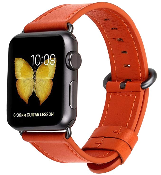 PEAK ZHANG for Apple Watch Band 38mm, Women Orange Genuine leather Replacement Iwatch Strap with Black/Space Grey Adapter and Buckle for Apple Watch Series 3 2 1 Sport Edition