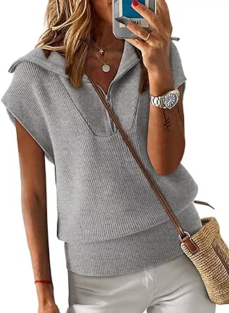 Dokotoo Women's Casual Sleeveless Half Zip Pullover Sweaters Solid V Neck Collar Ribbed Knitted Loose Sweaters