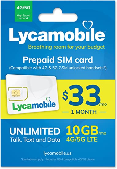 Lycamobile $33 Plan 10 GB 5g & 4g LTE Prepaid 30 Day SIM Card