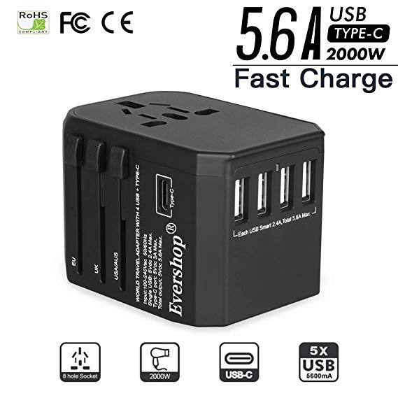 Universal Travel Power Adapter for US AU UK Europe Over 150 Countries-Evershop All in One Worldwide International Wall Charger AC Plug Adaptor with 5.6A Smart Power USB and 3.0A USB Type-C