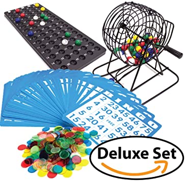 Bingo Game Set Deluxe 6-Inch Bingo Game with Colored Balls, 300 Bingo Chips and 50 Bingo Cards