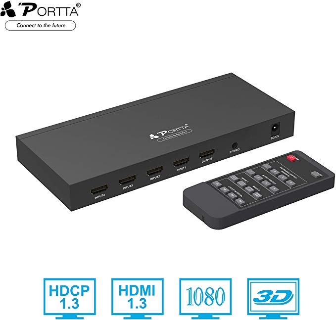 Portta HDMI 4X1 Quad Multi-Viewer Switch with IR Remote Stereo Coaxial Toslink and Service 5 Modes Seamless Switcher Support HDCP1.3 1080p Scaler up/down USB upgrade 4 in 1 out