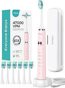 COSLUS Electric Toothbrush for Adults and Kids: Wireless Rechargeable Tooth Brush with Portable Travel Case, 5 Modes 47000 VPM Power Toothbrushes 6 Brush Heads 1 Charge for 70 Days Pink