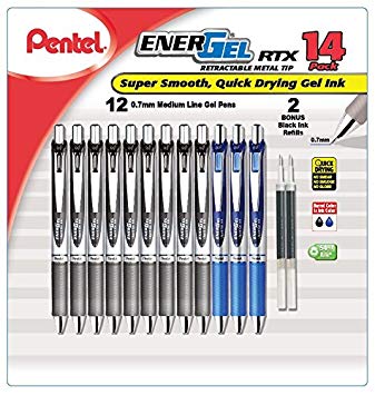 Pentel EnerGel RTX Retractable Metal Tip Pen, 0.7mm, 9 Black Ink, 3 Blue Ink with 2 Refills (BL77O14C)