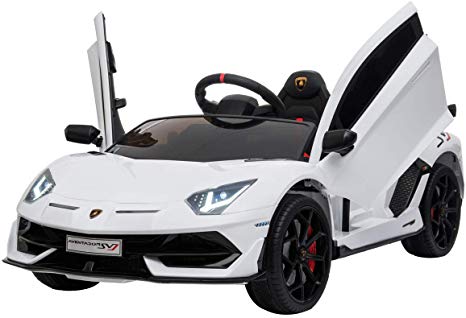 TrueMax 12V Kids Ride on Car Lamborghini Aventador SV J w/ Remote Control, Sound System, & Hydraulic Doors - White