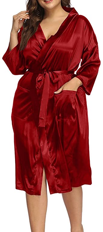Allegrace Women's Plus Size Robes Sexy Satin Pajamas Wrap Sleepwear Pocket Long Kimino Robe