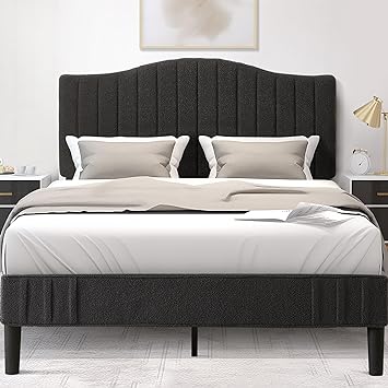 VECELO Upholstered Bed Frame Queen Size, Platform Bed Frame with Adjustable Headboard, Sheepskin Fabric Bed with Strong Wood Slats and 7.9'' Under Bed Space, Noise Free No Box Spring Needed, Dark Grey