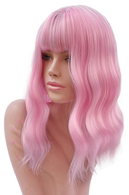Light Pink Short Wigs with Air Bangs for Women Natural Looking Short Bob Wavy Curly Wig Women's Pink Wig 14 Inch