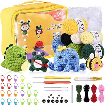 LIHAO Crochet Kit for Beginners Set 4PCS Dinosaur Frog Bee Octopus Yarn for Crochet Set with Accessories Crochet Hooks Set with Case for Gift Knitting & Crochet Supplies