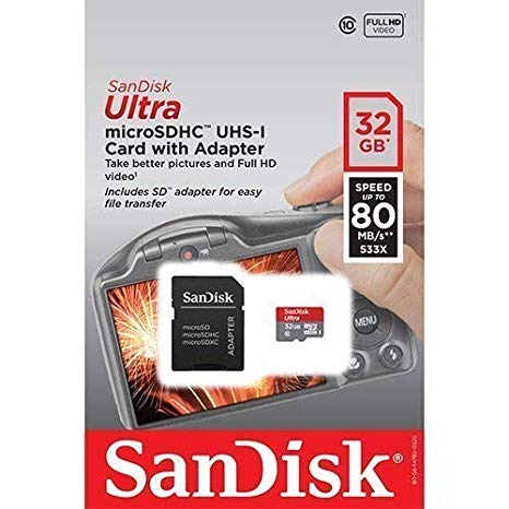 SanDisk Ultra 32GB UHS-I Class 10 MicroSDHC Memory Card Up to 80mb/s SDSQUNC-032G with adapter