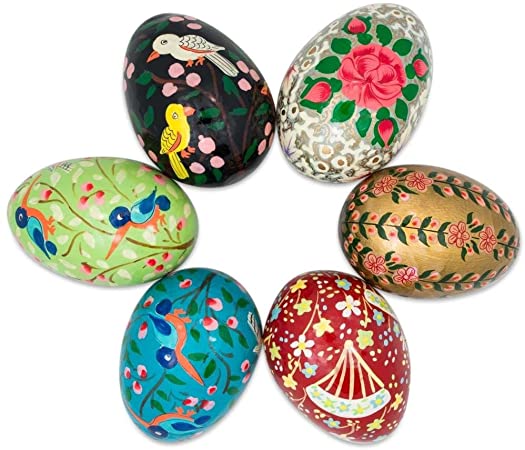BestPysanky Set of 6 Flowers and Birds Wooden Pysanky Ukrainian Easter Eggs