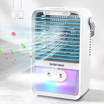 Climatiseur mobile, mini refroidisseur d'air, climatiseur 4 en 1 avec aromathérapie et humidificateur, refroidisseur d'air USB avec 7 lumières LED, 3 vitesses de vent pour la maison, le bureau, bleu