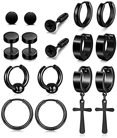 3-8Pairs Stainless Steel CZ Stud Earrings Set for Women Mens Hoop Huggie Earrings Ear Piercing Earrings Set Cubic Zirconia Earrings Piercing (0049-black-8pairs)