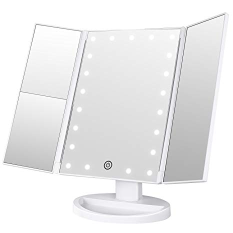 BESTOPE Makeup Vanity Mirror with 21 Led Lights,3x/2x Magnification Led Makeup Mirror with Touch Screen,Dual Power Supply, 180° Adjustable Rotation,Countertop Cosmetic Mirror (White-1)