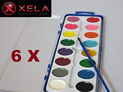XELA Global 6 Pack of Washable Watercolor Paint Set 16 Oval Vibrant Color Pans with Brush in Plastic Case with Detachable Mixing Tray Lid