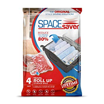 Spacesaver 4 x Premium Travel Roll Up Compression Storage Bags for Suitcases - No Vacuum Needed - (2 x Small, 2 x Medium) 80% More Storage Than Leading Brands! (Travel 4 Pack)
