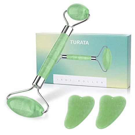 Jade Roller - TURATA Face and Gua Sha Scrap Massage Tool Set For Anti Aging & Wrinkle, Facial Eye Neck Beauty Slimming Massager Therapy Skin Rejuvenate, 100% Natural Facial Jade Stone