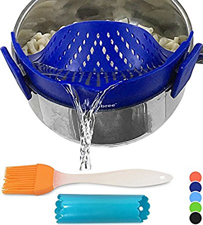 Clip-on kitchen food strainer for spaghetti, pasta, ground beef grease and more, colander and sieve snaps on bowls, pots and pans, Set includes silicone brush & garlic peeler by Salbree, Dark Blue