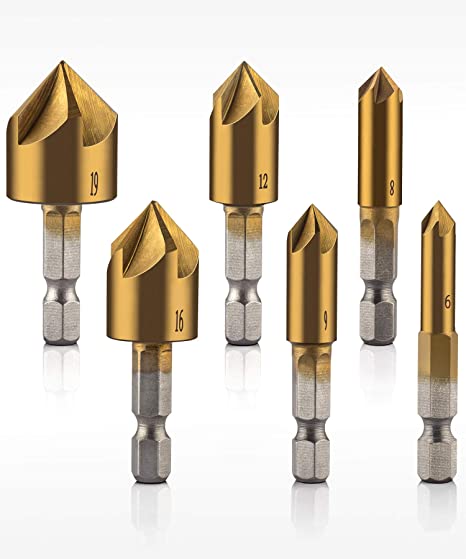 QWORK Countersink Drill Bits Center Punch Set 6 Pcs 1/4'' Hex Shank HSS 5 Flute Countersink 90 Degree Center Punch Tool Sets for Wood Quick Change Bit 6mm-19mm